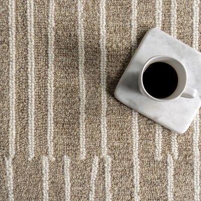 Beige and White Striped Wool 4' x 6' Area Rug