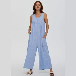 Coolmee Womens Knit Jumpsuit Casual Wide Leg Oversized Long Rompers Crewneck Button Front Loose Overalls with Pockets - 1 of 4