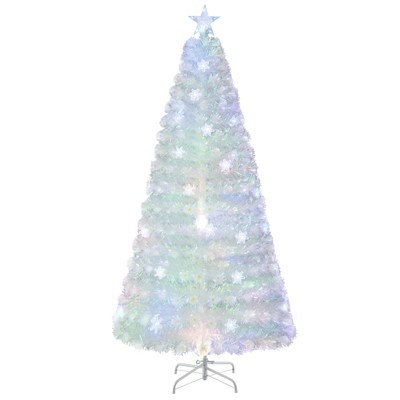 Tangkula 5/6/7FT Artificial Fiber Optic Christmas Tree White Pre-lit Xmas Tree w/ Iridescent Leaves 24/30/36 Multi-color Snowflake Lights