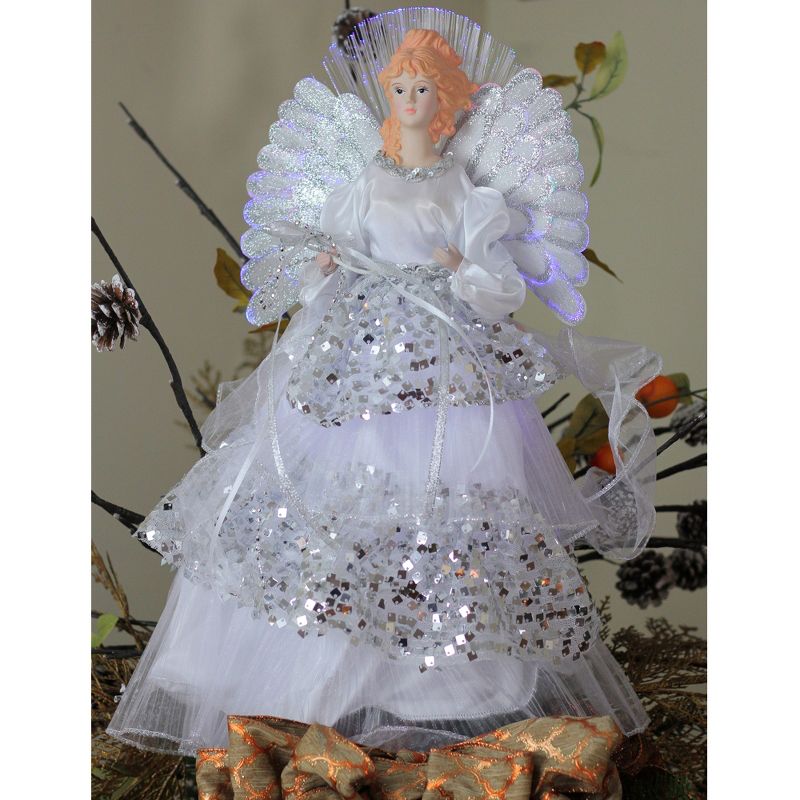 Northlight 16" White and Silver Lighted Fiber Optic Angel Sequined Gown Christmas Tree Topper, 3 of 4
