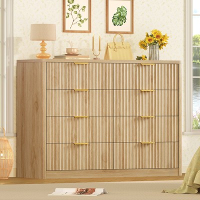 Usikey Fluted Dresser for Bedroom with 8 Drawers, 47'W Modern Chest of Drawers with Metal Handle, Wood Clothes Storage Organizer for Living Room, Oak