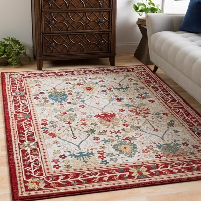 Aaden 5' x 7' Red and Cream Hand-Knotted Synthetic Rug