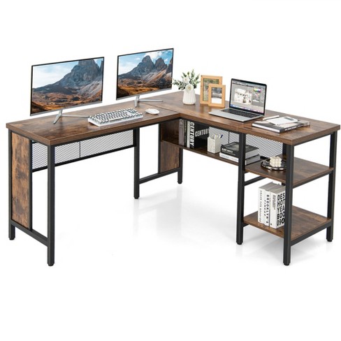 HOMCOM Industrial Writing Desk with L-Shaped Full Length Shelf