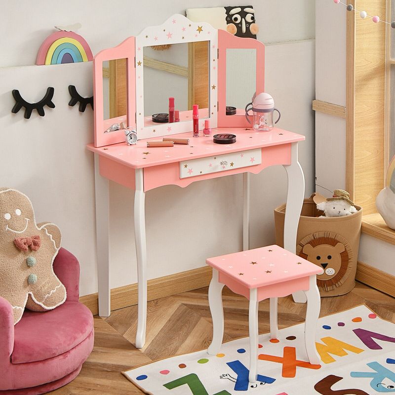 Costway Kids Vanity Princess Makeup Dressing Table Chair Set W/ Tri-folding Mirror, 2 of 11