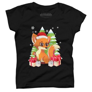 Girl's Design By Humans Fox Santa Hat Christmas T Shirt By thebeardstudio T-Shirt - 1 of 3