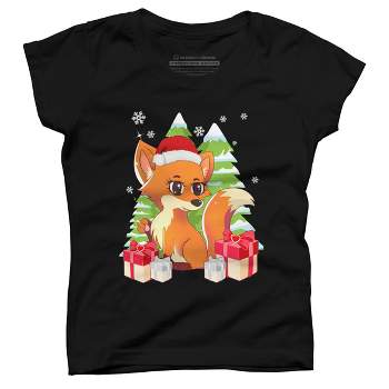 Girl's Design By Humans Fox Santa Hat Christmas T Shirt By thebeardstudio T-Shirt