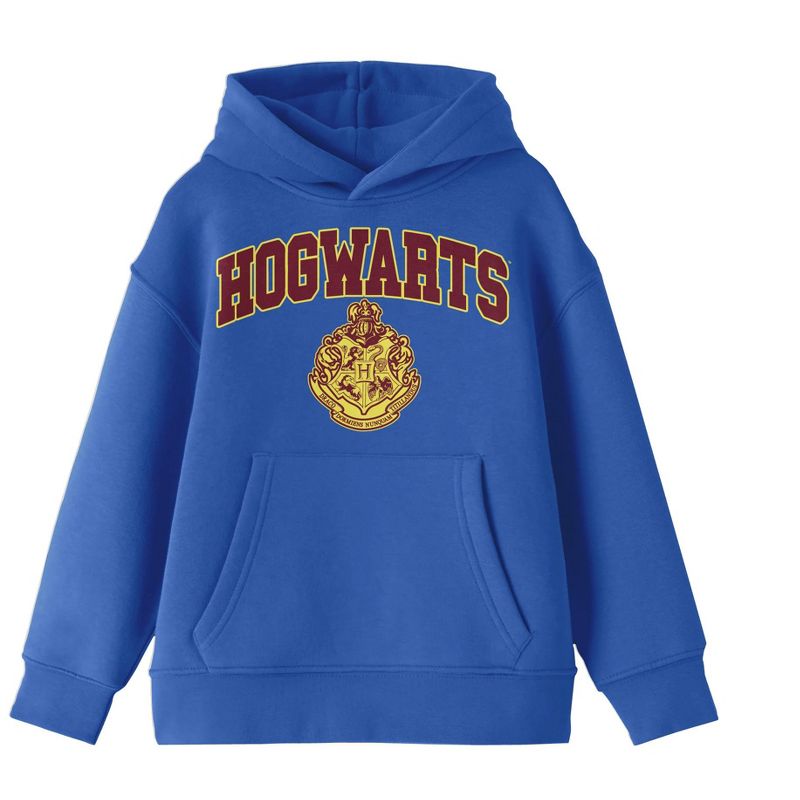 Harry Potter Hogwarts Text & Crest Logo Youth Boys Royal Blue Graphic Print Hoodie, 1 of 3