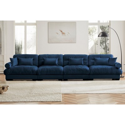 Aukfa Blue Velvet Large  Sofa with Bolster Armrests, Waist & Throw Pillows – Modern Couch for Living Room, Bedroom or Office