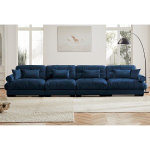 Aukfa Blue Velvet Large  Sofa with Bolster Armrests, Waist & Throw Pillows – Modern Couch for Living Room, Bedroom or Office - 1 of 4