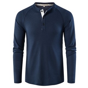 Men's Waffle Knit Henley Shirt Long Sleeve Comfort Fit Breathable Four Season Top - 1 of 4