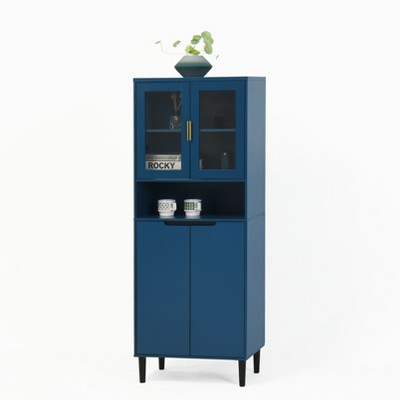Lirago,23.62"D * 13.78"W * 63"H,Blue Tall Bookcase with 4 Glass Doors, Adjustable Storage Cabinet, apply to Kitchen/Living Room/Dining Room