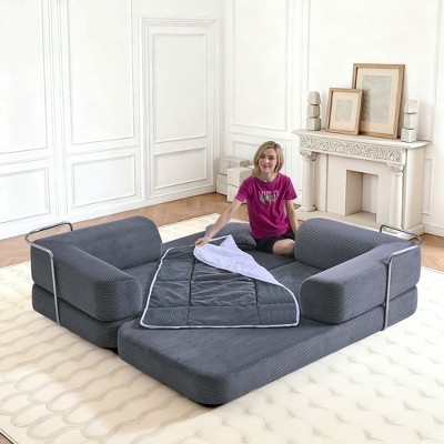 KWPZQEB 74.8" Modern Convertible Sofa, Corduroy Compressed Floor Sofa with 2 Pillows & Armrests, Cloud Loveseat, 5-in-1 Modular Sofa for Living Room