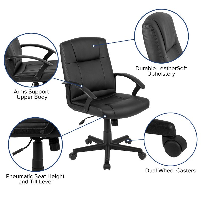 Emma and Oliver Mid-Back Black LeatherSoft-Padded Task Office Chair with Arms, 5 of 14