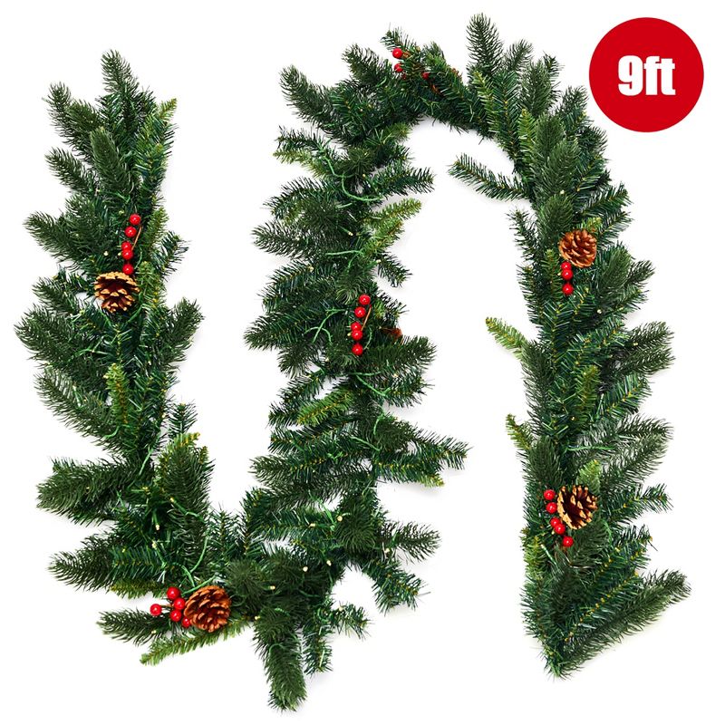 Costway 9Ft Pre-lit Artificial Christmas Garland Red Berries w/ 100 LED Lights & Timer, 2 of 11