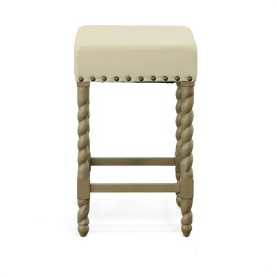 Weathered Gray 24" Rustic Farmhouse Metal & Wood Barstool with Leather Linen Seat