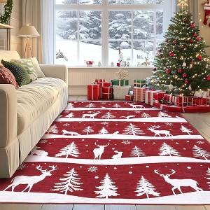 Christmas Area Rug, Reindeer Print Washable Soft Carpet with Non Slip Backing, Low Pile Stain Resistant Floor Mat for Living Room, Bedroom - 1 of 4