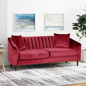 Contemporary 3-Seater Velvet Sofa with Button-Tufted Diamond Stitch, Deep Channel Stitching, Sloped Arms & Accent Pillows - 1 of 4