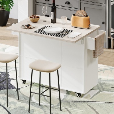 Coolbibila-Kitchen Island With Trash Can Storage Cabinet, Kitchen Cart With Drop Leaf, Towel Rack And Drawer, Rolling Kitchen Island On Wheels