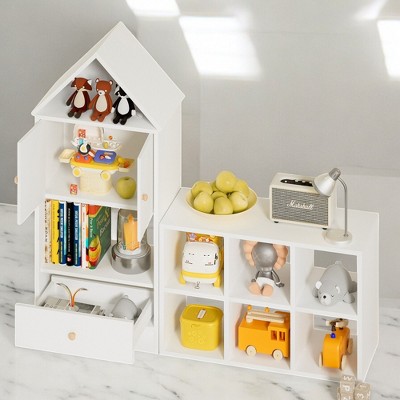 Alilang 48.82 Inch White House-Shaped Storage Shelf with Cubbies, Cabinets, and Drawer - White