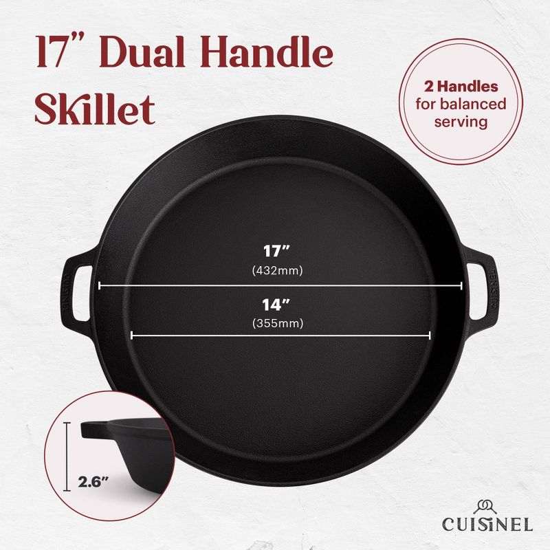 Cuisinel Cast Iron Skillet + Chainmail Scrubber - 17"-Inch Dual Handle Braiser Frying Pan + Silicone Handle Covers, 3 of 4