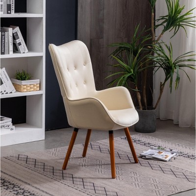 Elegant White Velvet Barrel Wingback Chair with Oak Finish