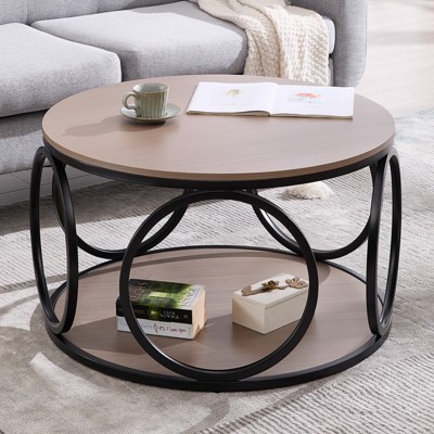 Bekrvio 31.5" 2 Tier Industrial Round Coffee Table, Modern Round Wood Coffee Table with Sturdy Circle Metal Frame for Living Room, Walnut