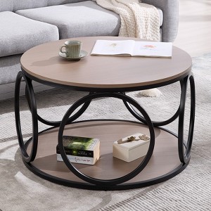 Bekrvio 31.5" 2 Tier Industrial Round Coffee Table, Modern Round Wood Coffee Table with Sturdy Circle Metal Frame for Living Room, Walnut - 1 of 4