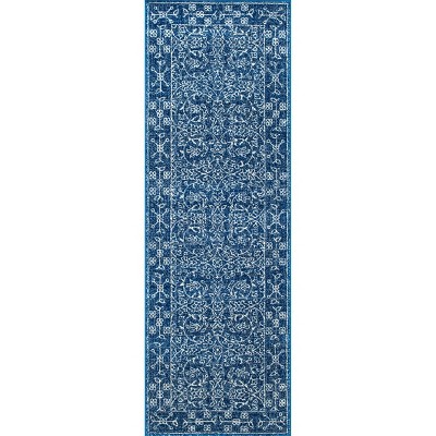 Dark Blue Vintage Polypropylene Runner Rug, 2' 8" x 8'