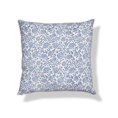 TAG 22"x22" Blue Floral Vine Block Cotton Accent Decorative Throw Pillow Poly Filled Removable Insert Square Machine Wash