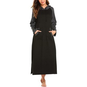 Ekouaer Nightgowns for Women Cotton Nightgown Long Sleeve Hooded Night Gown Contrast Color Full Length Loungewear with Pocket - 1 of 4