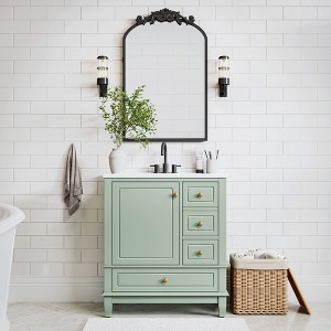 30 inch Light Green Bathroom Vanity with Sink and Iron Arched Mirror Cabinet, One Door with Shelf and Three Drawers - 1 of 4