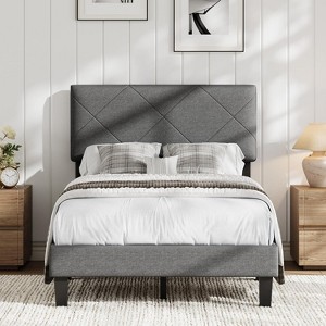 Bed Frame with Upholstered Headboard, Full Size Platform Bed Frame with Wooden Slat Support, Easy Assembly Platform Bed, Gray - 1 of 4