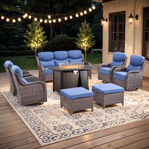 Buenhomino 8 Pieces Patio Furniture Sets with Fire Pit Table, Wicker Outdoor Conversation Sets with 4 Swivel Rocker Chairs, 3-seat Sofa and Ottomans - 1 of 4