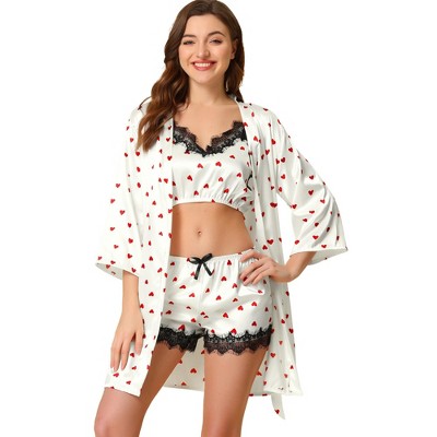 Allegra K Women's Satin Sleepwear Cami Top and Shorts with Robe Lace 3pc Pajama Sets