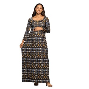 24seven Comfort Apparel Maternity Brown Geometric Print Long Sleeve Empire Waist Maxi Dress - 1 of 3