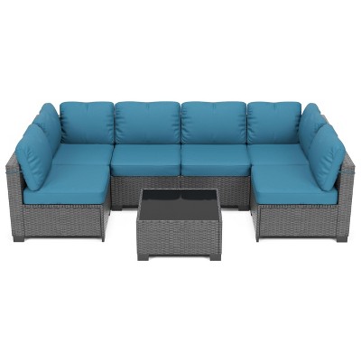 homfan 7 Piece Outdoor Patio Furniture Set, PE Rattan Conversation Sofa Set, Wicker Patio Set w/Thick Cushions & Glass Top Coffee Table