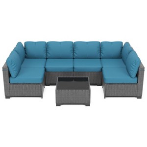 homfan 7 Piece Outdoor Patio Furniture Set, PE Rattan Conversation Sofa Set, Wicker Patio Set w/Thick Cushions & Glass Top Coffee Table - 1 of 4