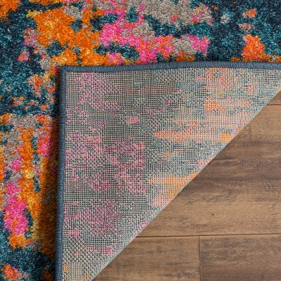 Blue and Orange Abstract Synthetic Runner Rug