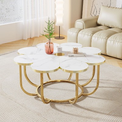 Hommoo Modern Flower-Shaped Coffee Table with Faux Marble Tabletop White