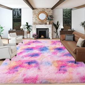 Extra Large Plush Shag Area Rug, 1.7" Thick Ultra Soft Non-Slip Tie-Dye Peacock Blue Mat - 1 of 4