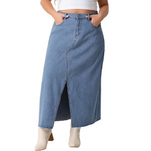 Agnes Orinda Women's Plus Size Casual High Waisted Front Slit Stretch Maxi Denim Skirts - 1 of 4