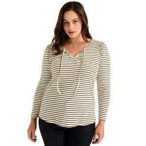 June + Vie by Roaman's Women's Plus Size Mutton Sleeve Striped Top - 1 of 4