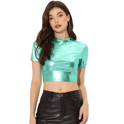 Allegra K Women's Party Short Sleeve Mock Neck Metallic Crop Top Mint ...