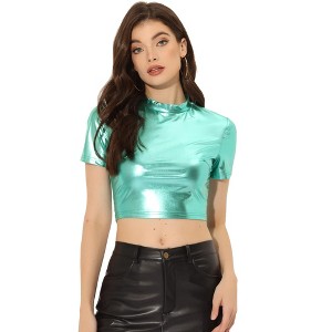 INSPIRE CHIC Women's Party Short Sleeve Mock Neck Holographic Metallic Crop Top - 1 of 4