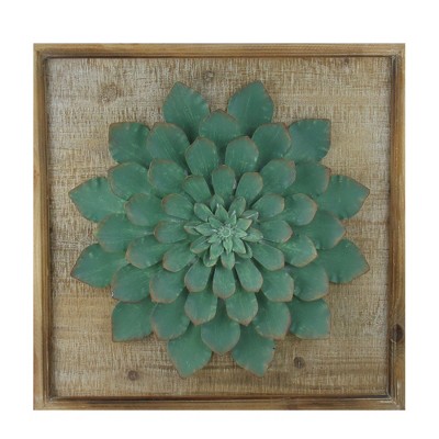 Raz Imports 19" Rustic Wooden Framed Elegant Moss Green Metal Succulent Plant Wall Art