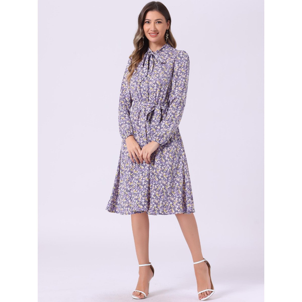 Женские платья INSPIRE CHIC Women's Tie Neck Chiffon Long Sleeves Vintage Belted Floral Dress Large Purples — фото 2