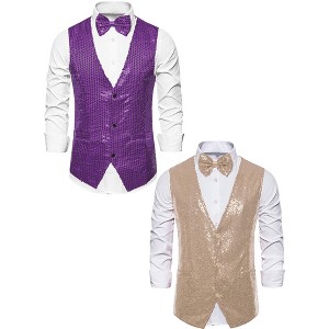 Lars Amadeus Men's Shiny Sequins Disco Party Prom Formal Vest with Bow Tie 2 Packs - 1 of 4