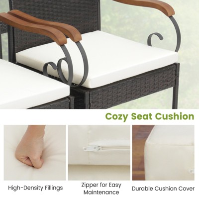 Set of 4 Off-White Cushioned PE Wicker and Acacia Wood Patio Chairs