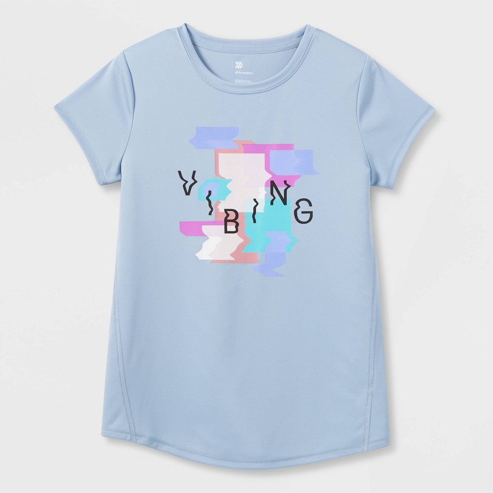 Size large Girls' Short Sleeve 'Vibing' Graphic T-Shirt - All in Motion Dark Blue L