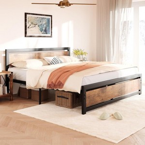 Full Size Bed Frame, Industrial Full Bed Platform, Wooden Headboard, Noise Free Mattress, No Box Spring Needed, Easy Assemble, Rustic Brown - 1 of 4
